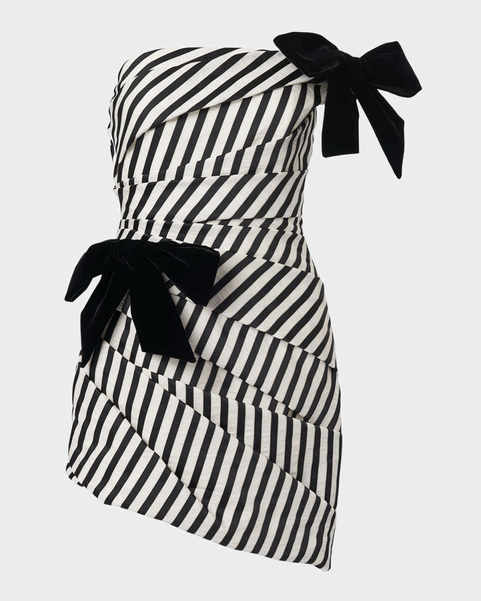 Gathered Ribbon Striped Strapless Mini Dress
